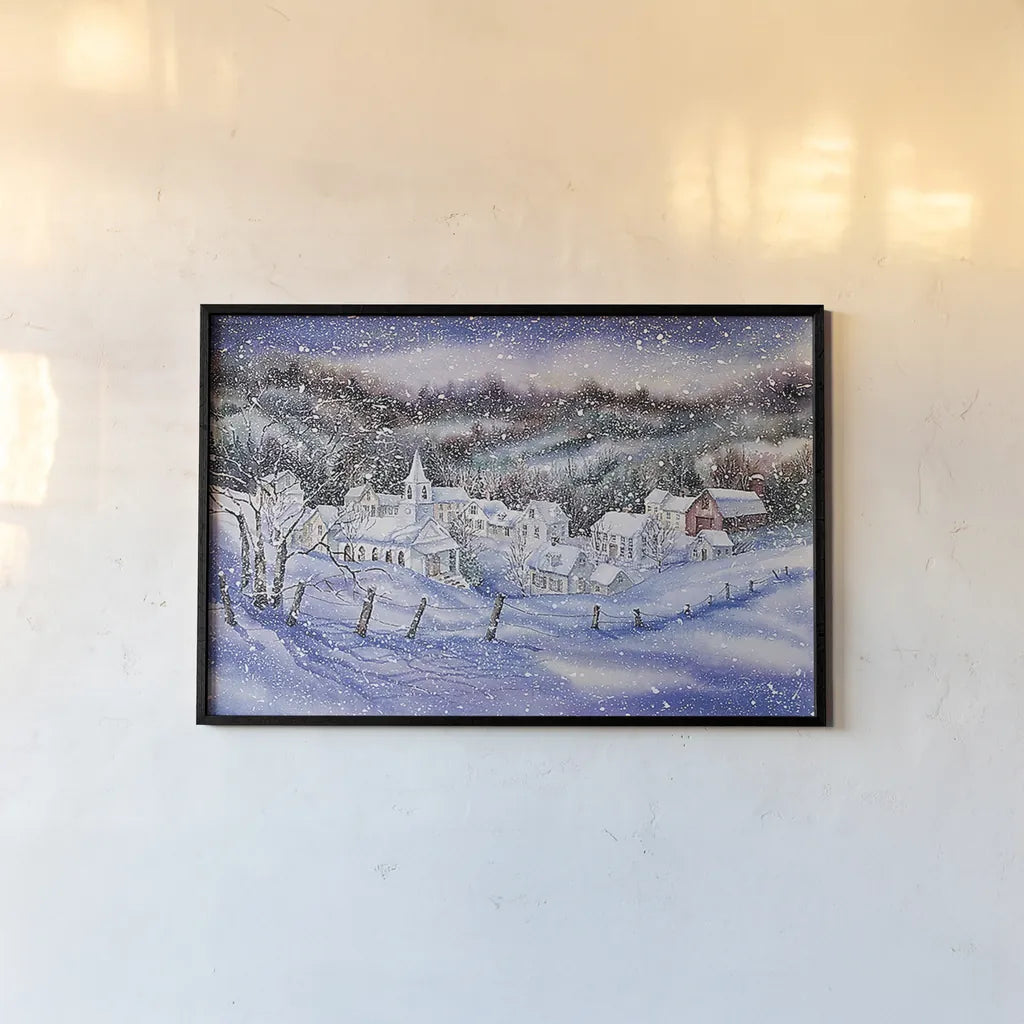 Winter Village by Kathleen Parr McKenna. shown as a paper print in a black flame. Available as a archival giclee rolled canvas, fine art paper, or poster print. SKU 80802i.