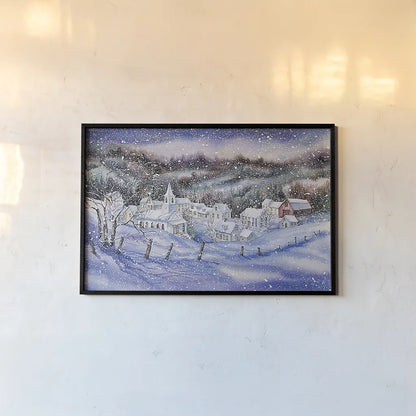 Winter Village by Kathleen Parr McKenna. shown as a paper print in a black flame. Available as a archival giclee rolled canvas, fine art paper, or poster print. SKU 80802i.