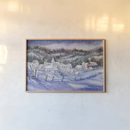 Winter Village by Kathleen Parr McKenna. shown as a paper print in a natural frame. Available as a archival giclee rolled canvas, fine art paper, or poster print. SKU 80802i.