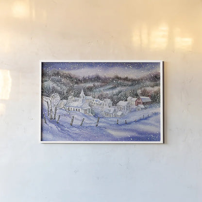 Winter Village by Kathleen Parr McKenna. shown as a paper print in a white frame. Available as a archival giclee rolled canvas, fine art paper, or poster print. SKU 80802i.