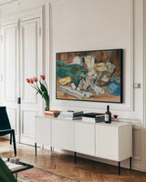 World of Golf by Kathleen Parr McKenna. shown as a framed stretched canvas in a living room above a console. Available as a archival giclee rolled canvas, fine art paper, or poster print. SKU 36241i.