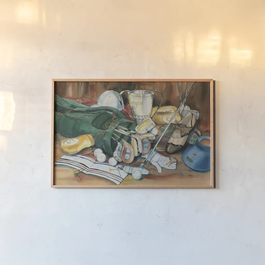 World of Golf by Kathleen Parr McKenna. shown as a paper print in a natural frame. Available as a archival giclee rolled canvas, fine art paper, or poster print. SKU 36241i.