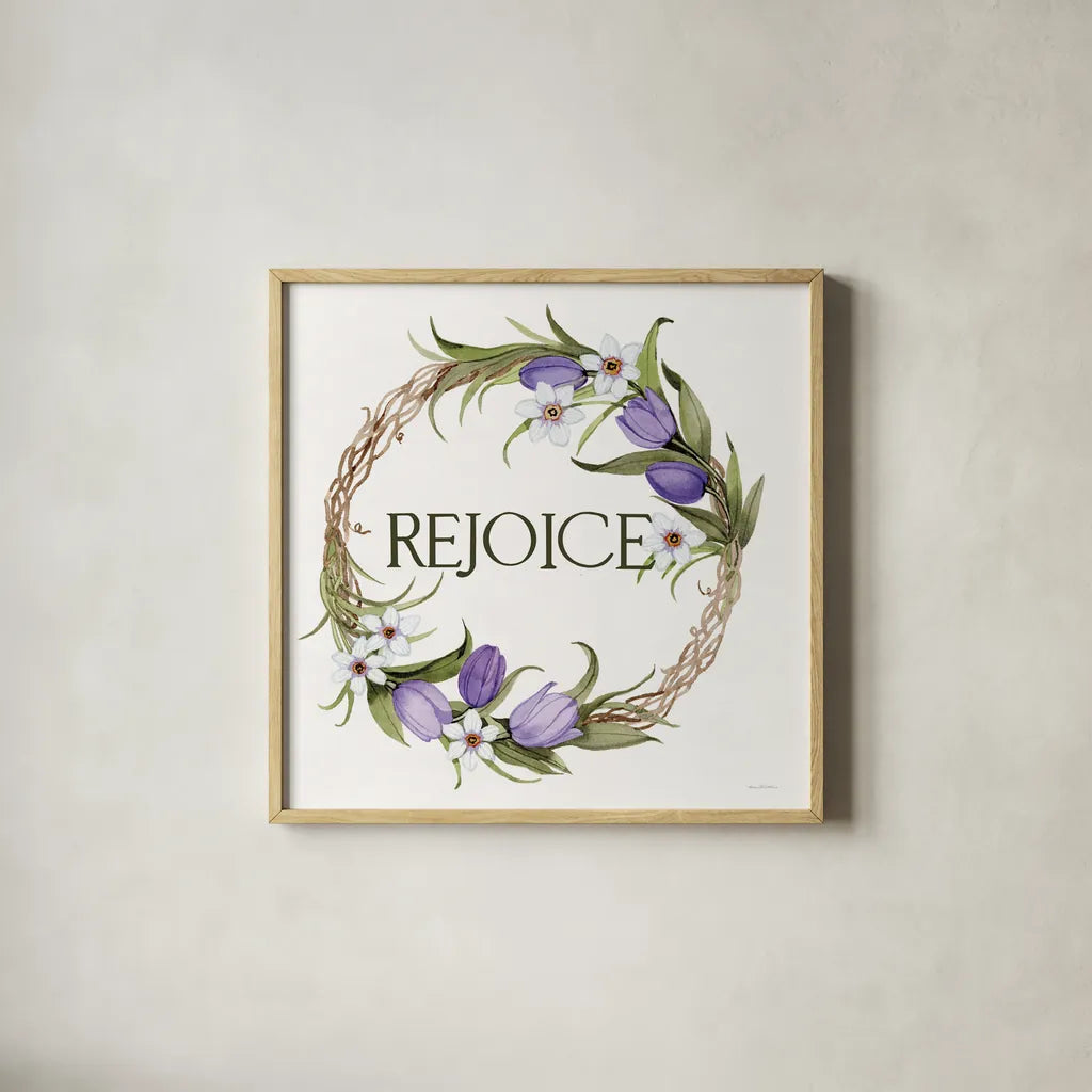 Wreath with Words I by Kathleen Parr McKenna. Shown in a natural wood glass frame for a timeless modern aesthetic. Available as an archival giclee rolled canvas, fine art paper, or poster print. SKU 46957a.