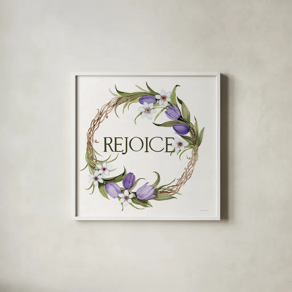 Wreath with Words I by Kathleen Parr McKenna. Shown in a crisp white glass frame for a clean and minimalist style. Available as an archival giclee rolled canvas, fine art paper, or poster print. SKU 46957a.