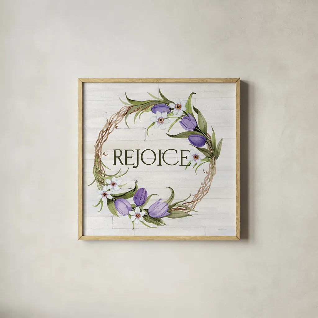 Wreath with Words I v2 by Kathleen Parr McKenna. Shown in a natural wood glass frame for a timeless modern aesthetic. Available as an archival giclee rolled canvas, fine art paper, or poster print. SKU 46961a.