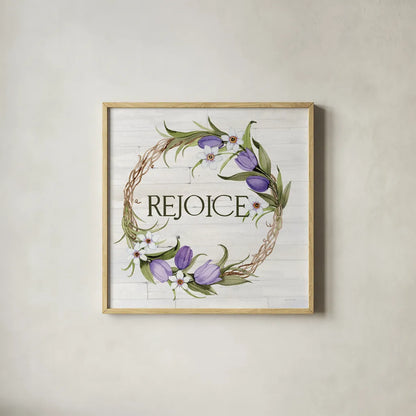 Wreath with Words I v2 by Kathleen Parr McKenna. Shown in a natural wood glass frame for a timeless modern aesthetic. Available as an archival giclee rolled canvas, fine art paper, or poster print. SKU 46961a.