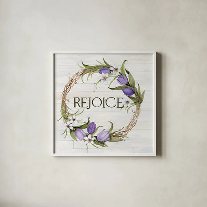 Wreath with Words I v2 by Kathleen Parr McKenna. Shown in a crisp white glass frame for a clean and minimalist style. Available as an archival giclee rolled canvas, fine art paper, or poster print. SKU 46961a.