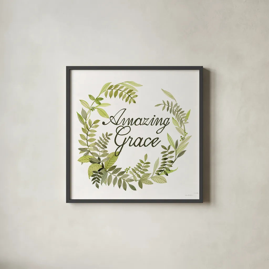 Wreath with Words II by Kathleen Parr McKenna. Shown in a sleek black glass frame for a contemporary gallery look. Available as an archival giclee rolled canvas, fine art paper, or poster print. SKU 46958a.