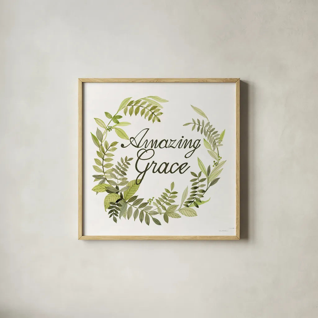 Wreath with Words II by Kathleen Parr McKenna. Shown in a natural wood glass frame for a timeless modern aesthetic. Available as an archival giclee rolled canvas, fine art paper, or poster print. SKU 46958a.