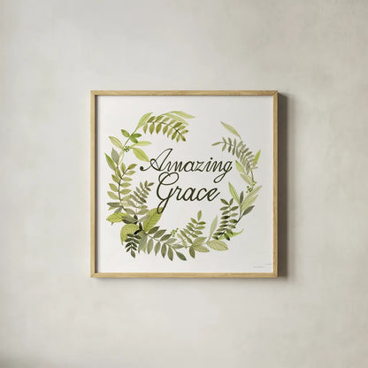 Wreath with Words II by Kathleen Parr McKenna. Shown in a natural wood glass frame for a timeless modern aesthetic. Available as an archival giclee rolled canvas, fine art paper, or poster print. SKU 46958a.