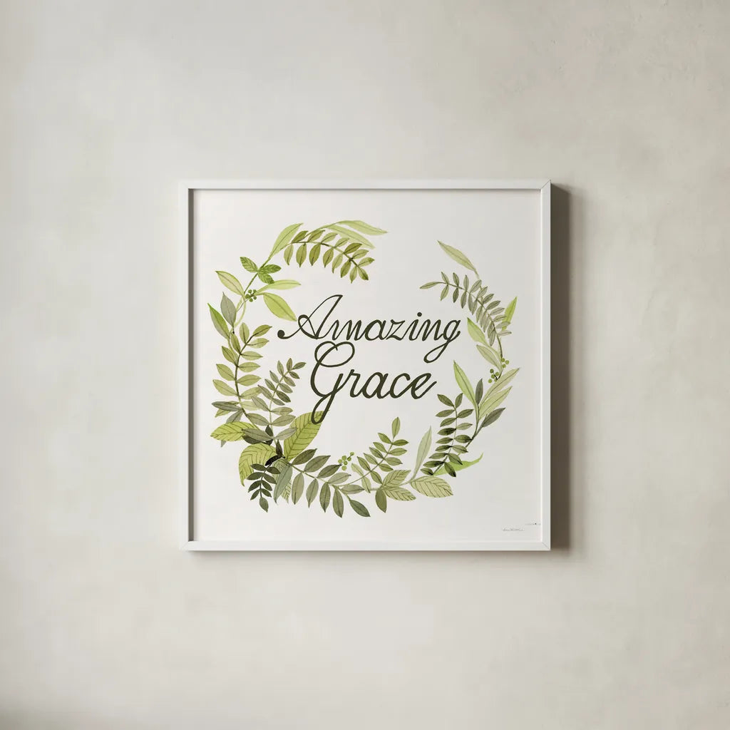Wreath with Words II by Kathleen Parr McKenna. Shown in a crisp white glass frame for a clean and minimalist style. Available as an archival giclee rolled canvas, fine art paper, or poster print. SKU 46958a.