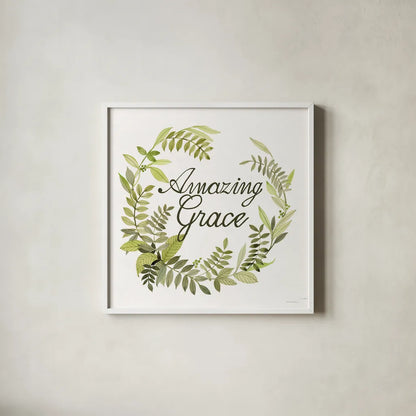 Wreath with Words II by Kathleen Parr McKenna. Shown in a crisp white glass frame for a clean and minimalist style. Available as an archival giclee rolled canvas, fine art paper, or poster print. SKU 46958a.