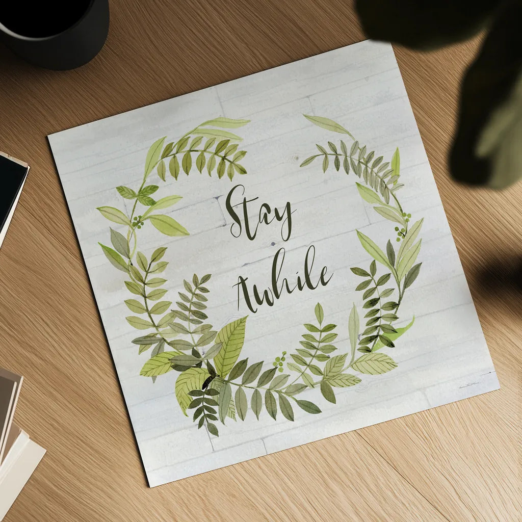 Wreath with Words II Stay by Kathleen Parr McKenna. Shown as a detailed flat fine art print, highlighting archival giclee quality. Available as an archival giclee rolled canvas, fine art paper, or poster print. SKU 49782a.
