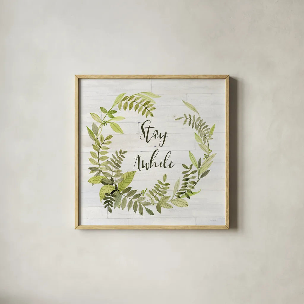 Wreath with Words II Stay by Kathleen Parr McKenna. Shown in a natural wood glass frame for a timeless modern aesthetic. Available as an archival giclee rolled canvas, fine art paper, or poster print. SKU 49782a.