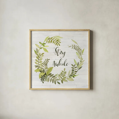 Wreath with Words II Stay by Kathleen Parr McKenna. Shown in a natural wood glass frame for a timeless modern aesthetic. Available as an archival giclee rolled canvas, fine art paper, or poster print. SKU 49782a.