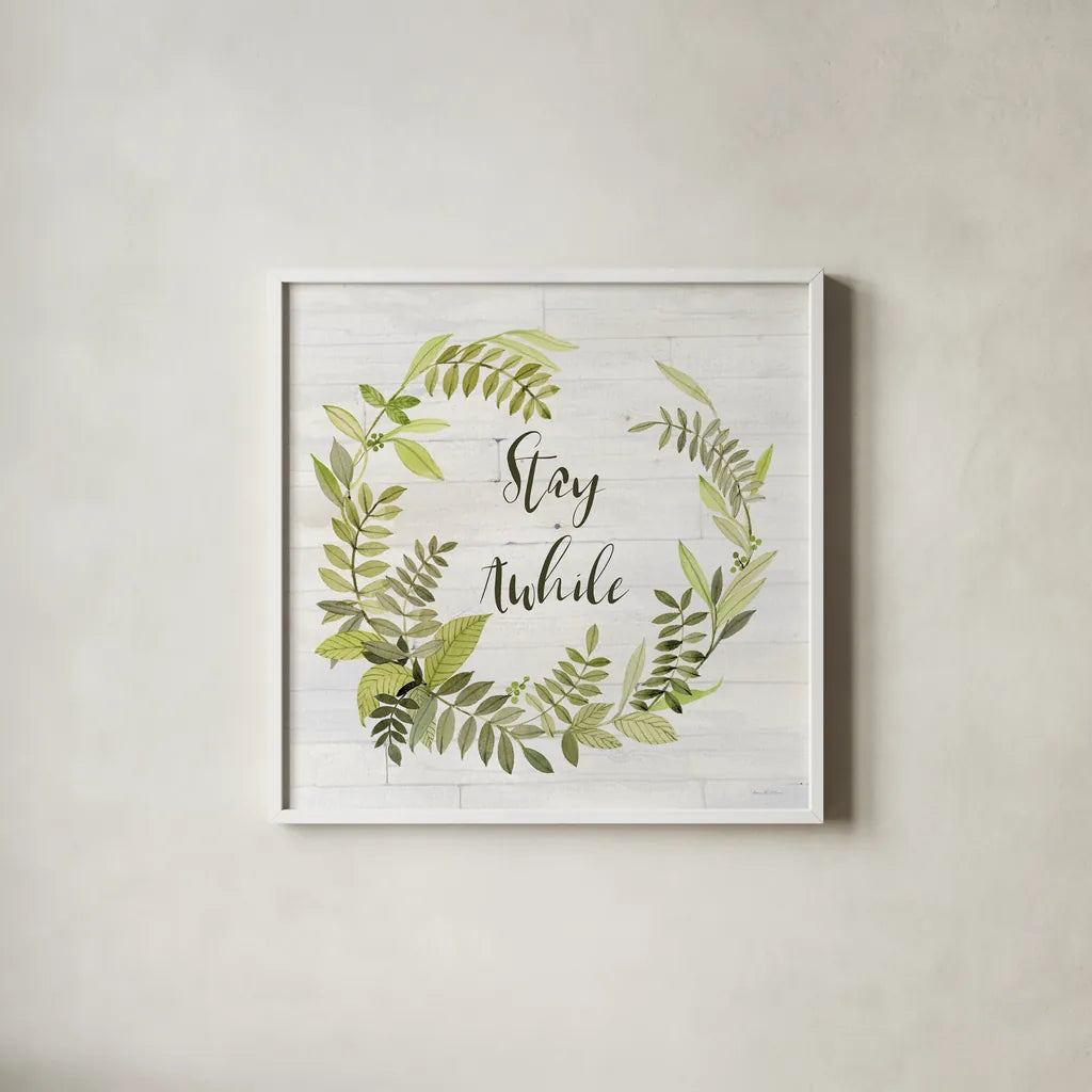 Wreath with Words II Stay by Kathleen Parr McKenna. Shown in a crisp white glass frame for a clean and minimalist style. Available as an archival giclee rolled canvas, fine art paper, or poster print. SKU 49782a.