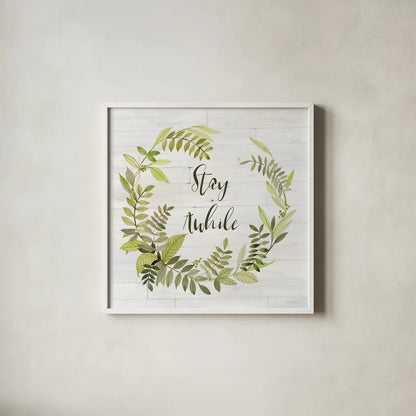 Wreath with Words II Stay by Kathleen Parr McKenna. Shown in a crisp white glass frame for a clean and minimalist style. Available as an archival giclee rolled canvas, fine art paper, or poster print. SKU 49782a.