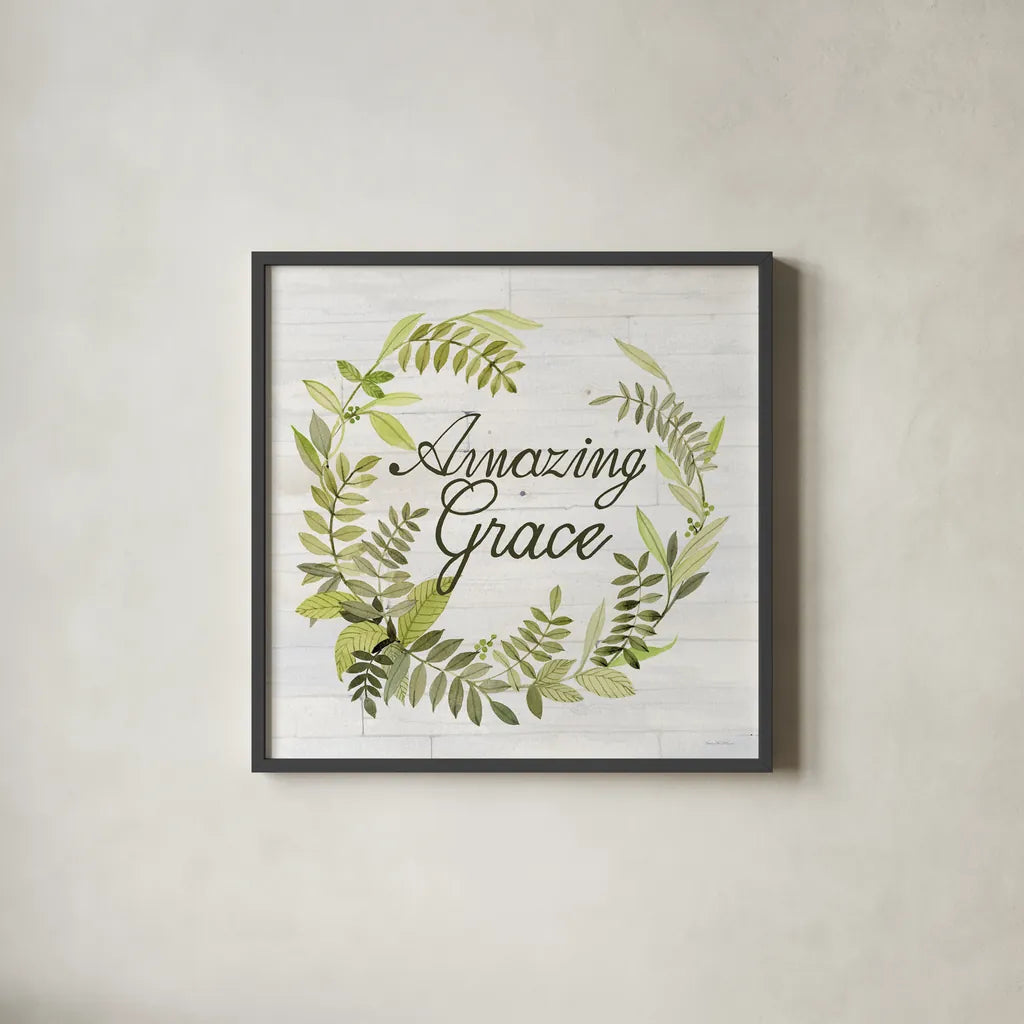 Wreath with Words II v2 by Kathleen Parr McKenna. Shown in a sleek black glass frame for a contemporary gallery look. Available as an archival giclee rolled canvas, fine art paper, or poster print. SKU 46962a.