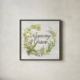 Wreath with Words II v2 by Kathleen Parr McKenna. Shown in a sleek black glass frame for a contemporary gallery look. Available as an archival giclee rolled canvas, fine art paper, or poster print. SKU 46962a.