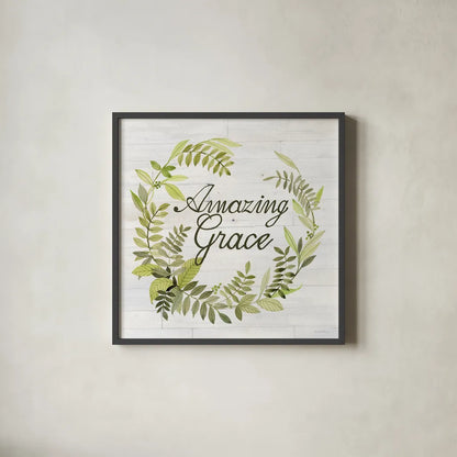 Wreath with Words II v2 by Kathleen Parr McKenna. Shown in a sleek black glass frame for a contemporary gallery look. Available as an archival giclee rolled canvas, fine art paper, or poster print. SKU 46962a.