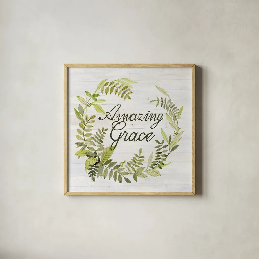 Wreath with Words II v2 by Kathleen Parr McKenna. Shown in a natural wood glass frame for a timeless modern aesthetic. Available as an archival giclee rolled canvas, fine art paper, or poster print. SKU 46962a.