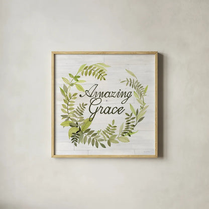 Wreath with Words II v2 by Kathleen Parr McKenna. Shown in a natural wood glass frame for a timeless modern aesthetic. Available as an archival giclee rolled canvas, fine art paper, or poster print. SKU 46962a.