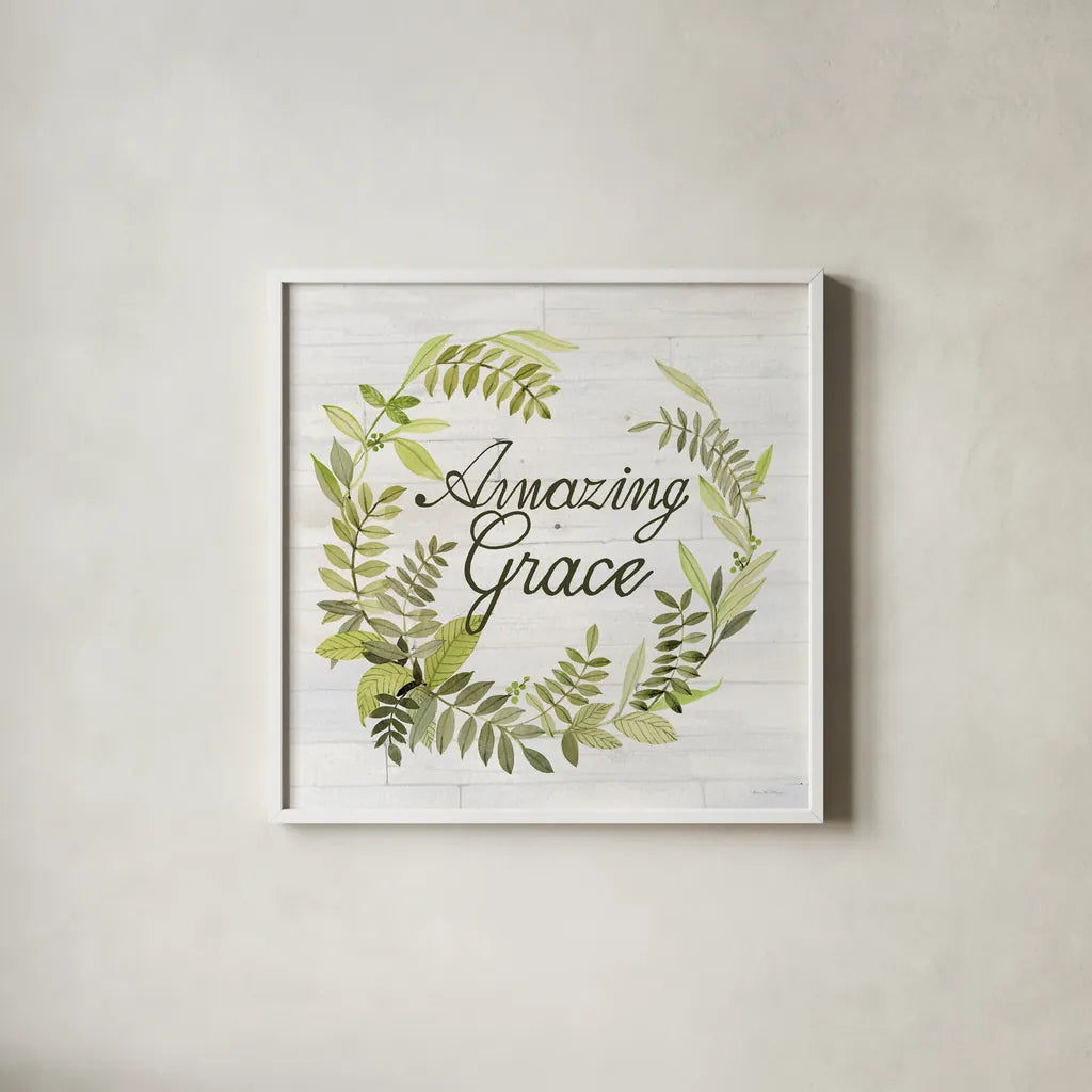 Wreath with Words II v2 by Kathleen Parr McKenna. Shown in a crisp white glass frame for a clean and minimalist style. Available as an archival giclee rolled canvas, fine art paper, or poster print. SKU 46962a.