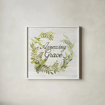 Wreath with Words II v2 by Kathleen Parr McKenna. Shown in a crisp white glass frame for a clean and minimalist style. Available as an archival giclee rolled canvas, fine art paper, or poster print. SKU 46962a.