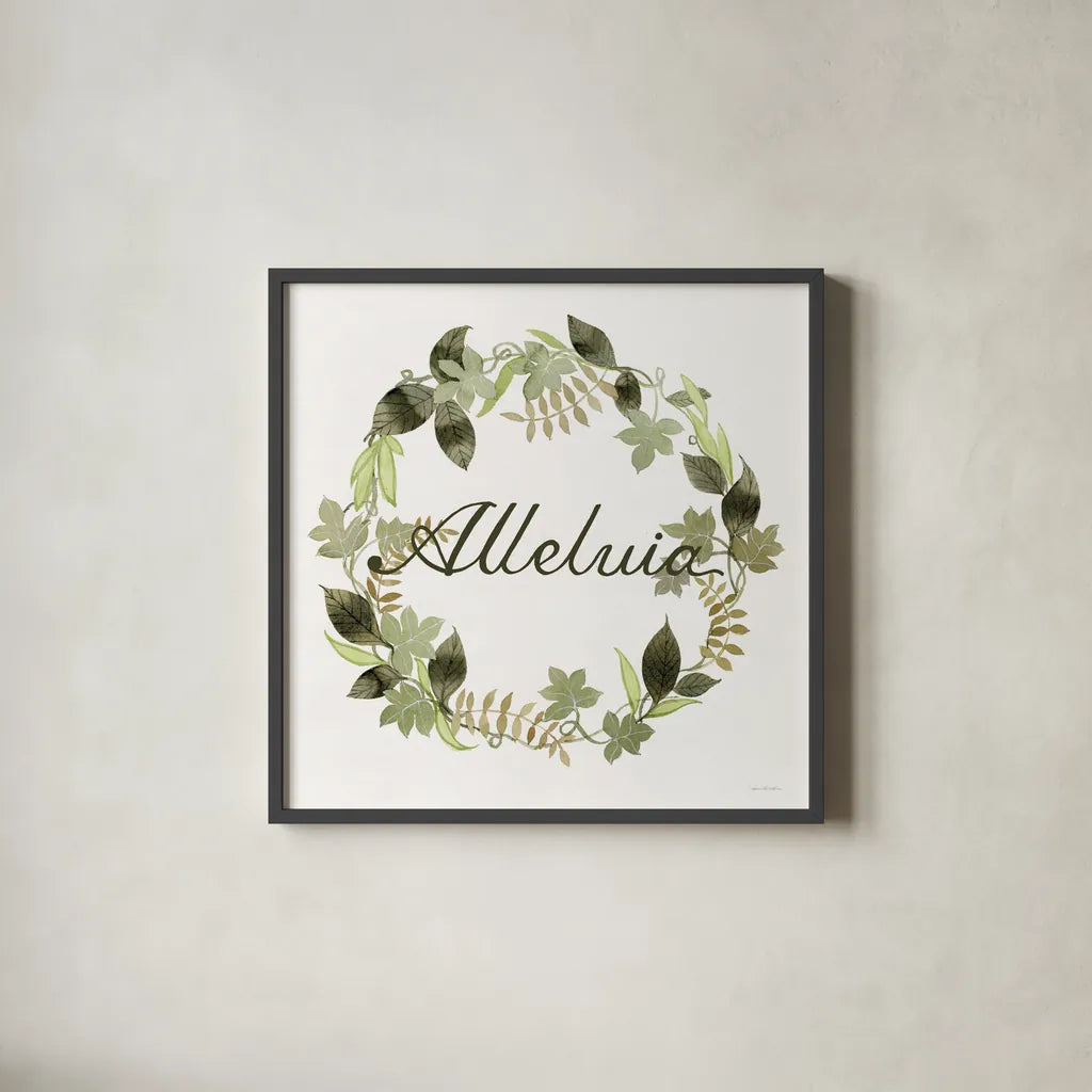 Wreath with Words III by Kathleen Parr McKenna. Shown in a sleek black glass frame for a contemporary gallery look. Available as an archival giclee rolled canvas, fine art paper, or poster print. SKU 46959a.