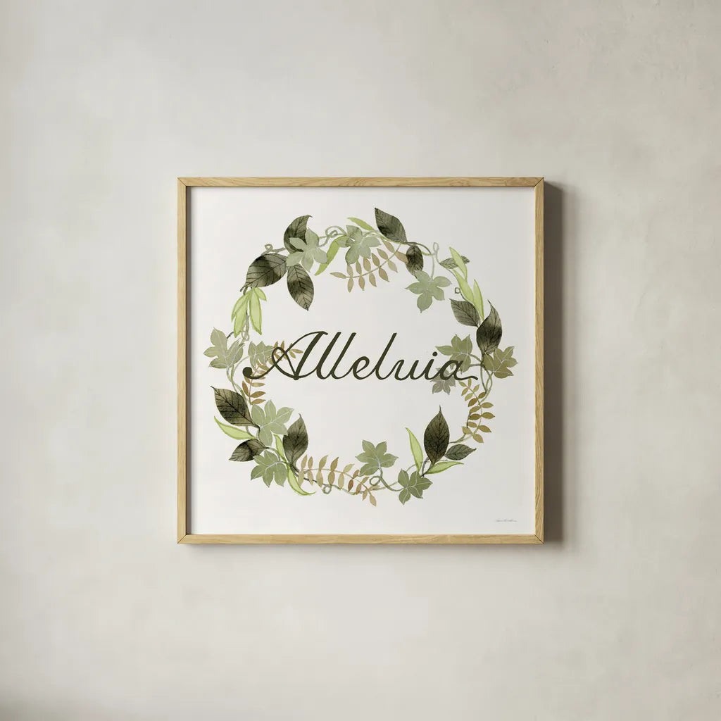 Wreath with Words III by Kathleen Parr McKenna. Shown in a natural wood glass frame for a timeless modern aesthetic. Available as an archival giclee rolled canvas, fine art paper, or poster print. SKU 46959a.