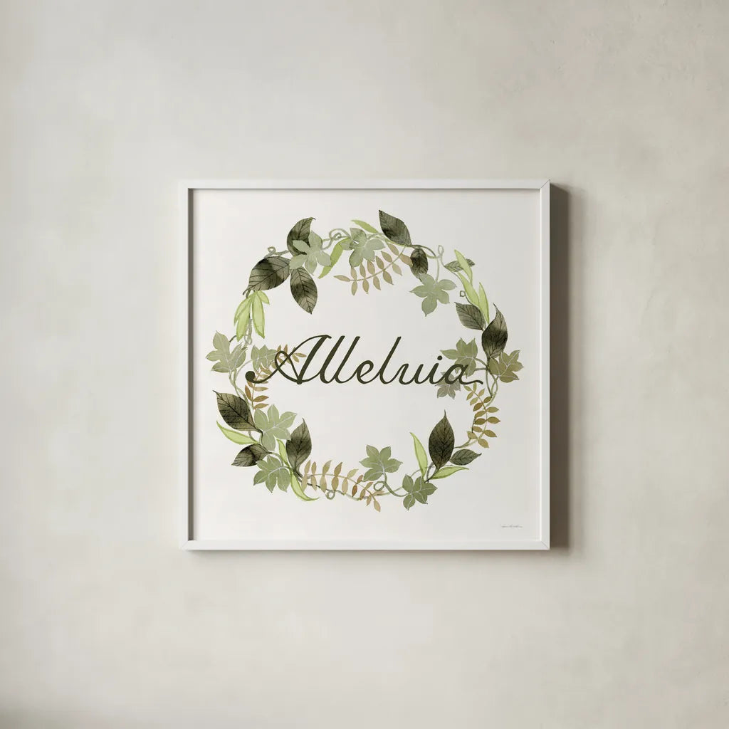 Wreath with Words III by Kathleen Parr McKenna. Shown in a crisp white glass frame for a clean and minimalist style. Available as an archival giclee rolled canvas, fine art paper, or poster print. SKU 46959a.