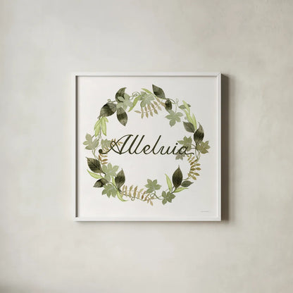 Wreath with Words III by Kathleen Parr McKenna. Shown in a crisp white glass frame for a clean and minimalist style. Available as an archival giclee rolled canvas, fine art paper, or poster print. SKU 46959a.