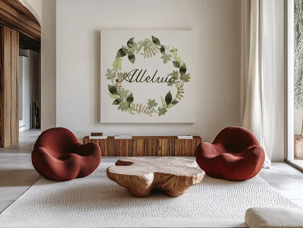Wreath with Words III by Kathleen Parr McKenna. Shown as extra-large giant wall art in a modern living room. Available as an archival giclee rolled canvas, fine art paper, or poster print. SKU 46959a.