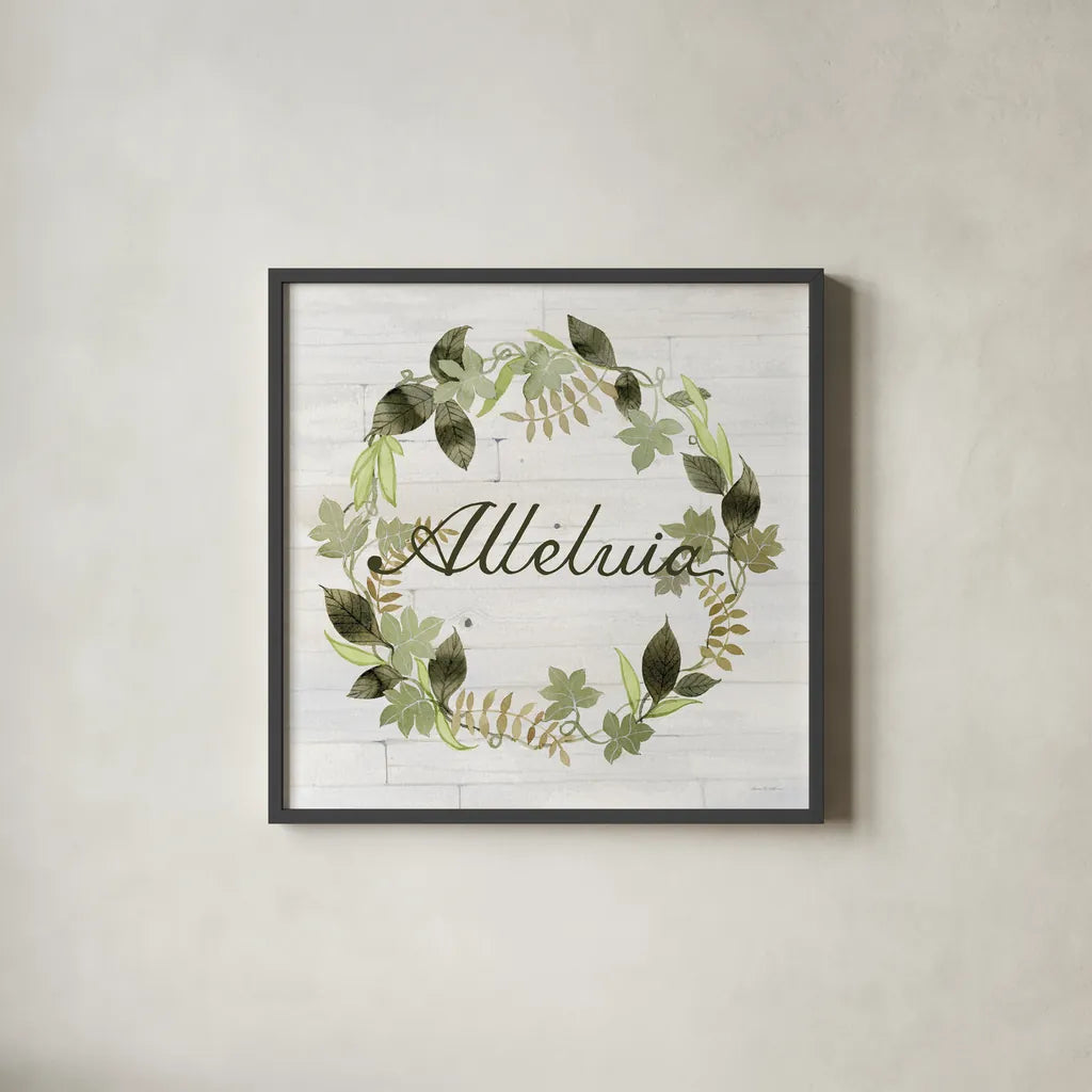 Wreath with Words III v2 by Kathleen Parr McKenna. Shown in a sleek black glass frame for a contemporary gallery look. Available as an archival giclee rolled canvas, fine art paper, or poster print. SKU 46963a.