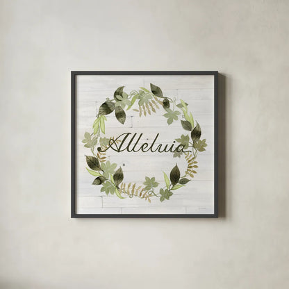 Wreath with Words III v2 by Kathleen Parr McKenna. Shown in a sleek black glass frame for a contemporary gallery look. Available as an archival giclee rolled canvas, fine art paper, or poster print. SKU 46963a.