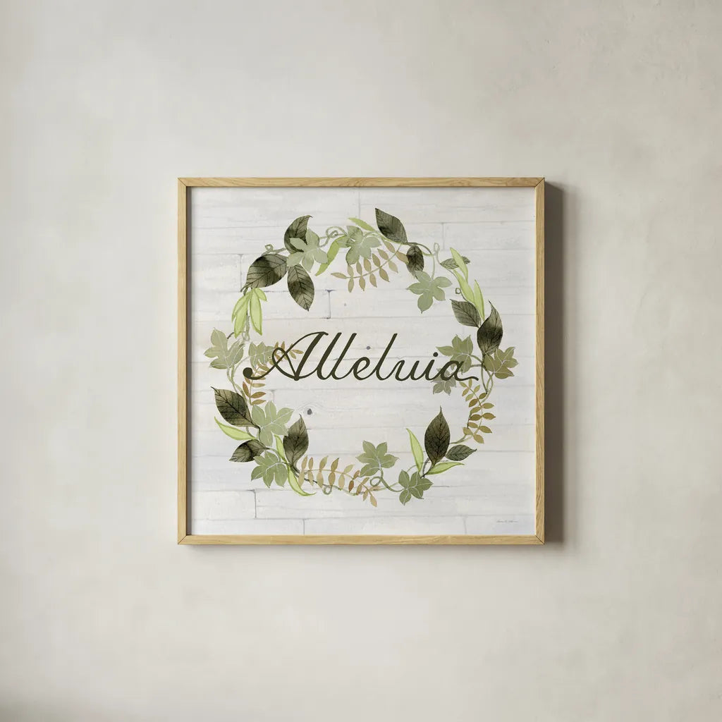 Wreath with Words III v2 by Kathleen Parr McKenna. Shown in a natural wood glass frame for a timeless modern aesthetic. Available as an archival giclee rolled canvas, fine art paper, or poster print. SKU 46963a.