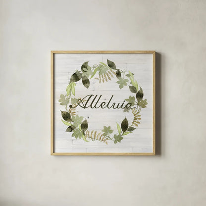 Wreath with Words III v2 by Kathleen Parr McKenna. Shown in a natural wood glass frame for a timeless modern aesthetic. Available as an archival giclee rolled canvas, fine art paper, or poster print. SKU 46963a.