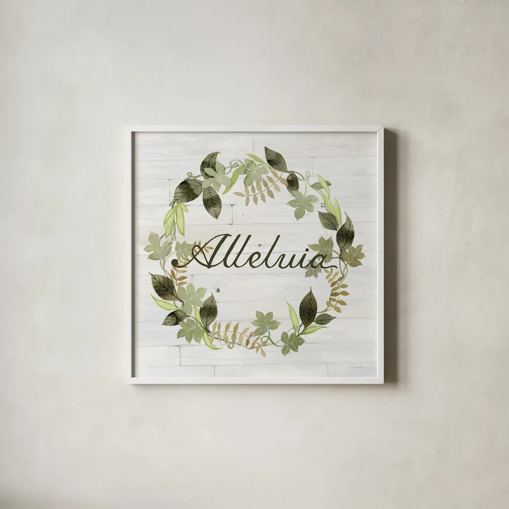 Wreath with Words III v2 by Kathleen Parr McKenna. Shown in a crisp white glass frame for a clean and minimalist style. Available as an archival giclee rolled canvas, fine art paper, or poster print. SKU 46963a.