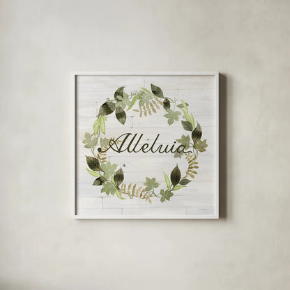 Wreath with Words III v2 by Kathleen Parr McKenna. Shown in a crisp white glass frame for a clean and minimalist style. Available as an archival giclee rolled canvas, fine art paper, or poster print. SKU 46963a.
