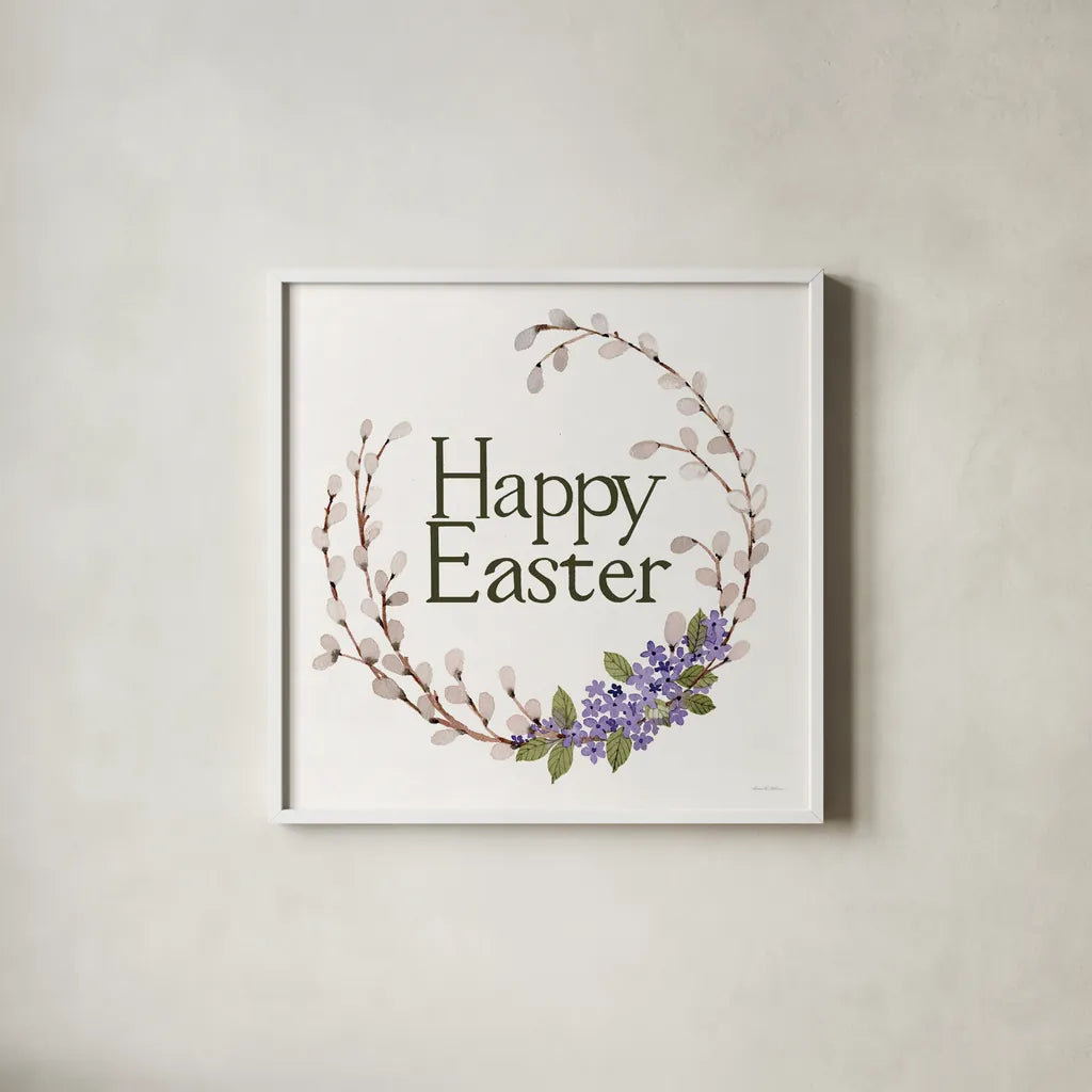 Wreath with Words IV by Kathleen Parr McKenna. Shown in a crisp white glass frame for a clean and minimalist style. Available as an archival giclee rolled canvas, fine art paper, or poster print. SKU 46960a.