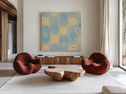 16 Blocks Square X by Kathrine Lovell. Shown as extra-large giant wall art in a modern living room. Available as an archival giclee rolled canvas, fine art paper, or poster print. SKU 43560a.