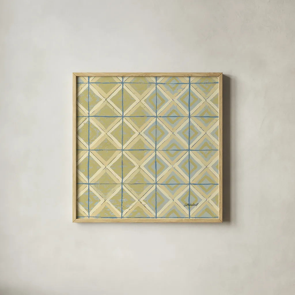 16 Blocks Square XI by Kathrine Lovell. Shown in a natural wood glass frame for a timeless modern aesthetic. Available as an archival giclee rolled canvas, fine art paper, or poster print. SKU 43561a.