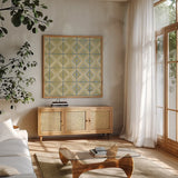 16 Blocks Square XI by Kathrine Lovell. Shown in a natural wood frame in a cozy modern living room. Available as an archival giclee rolled canvas, fine art paper, or poster print. SKU 43561a.