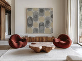 16 Blocks Square XVI Archroma by Kathrine Lovell. Shown as extra-large giant wall art in a modern living room. Available as an archival giclee rolled canvas, fine art paper, or poster print. SKU 29768a.