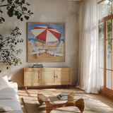 A Day at the Beach III by Kathrine Lovell. Shown in a natural wood frame in a cozy modern living room. Available as an archival giclee rolled canvas, fine art paper, or poster print. SKU 2965a.