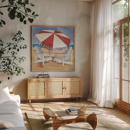 A Day at the Beach III by Kathrine Lovell. Shown in a natural wood frame in a cozy modern living room. Available as an archival giclee rolled canvas, fine art paper, or poster print. SKU 2965a.