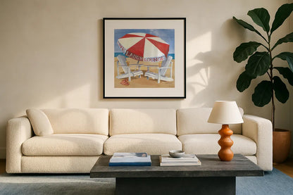 A Day at the Beach III by Kathrine Lovell. Displayed in a glass frame with matte in a clean modern living room. Available as an archival giclee rolled canvas, fine art paper, or poster print. SKU 2965a.