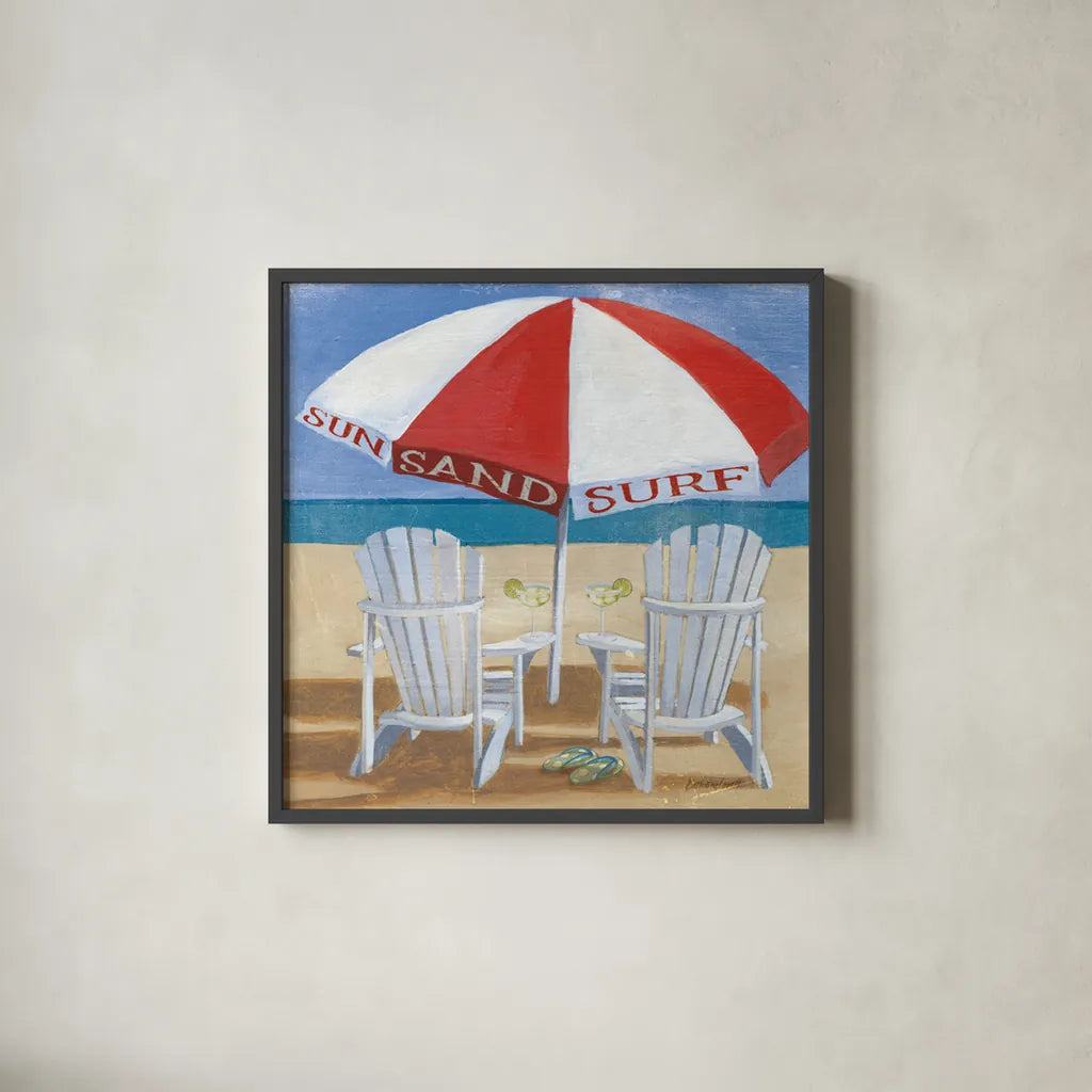 A Day at the Beach IV by Kathrine Lovell. Shown in a sleek black glass frame for a contemporary gallery look. Available as an archival giclee rolled canvas, fine art paper, or poster print. SKU 2966a.
