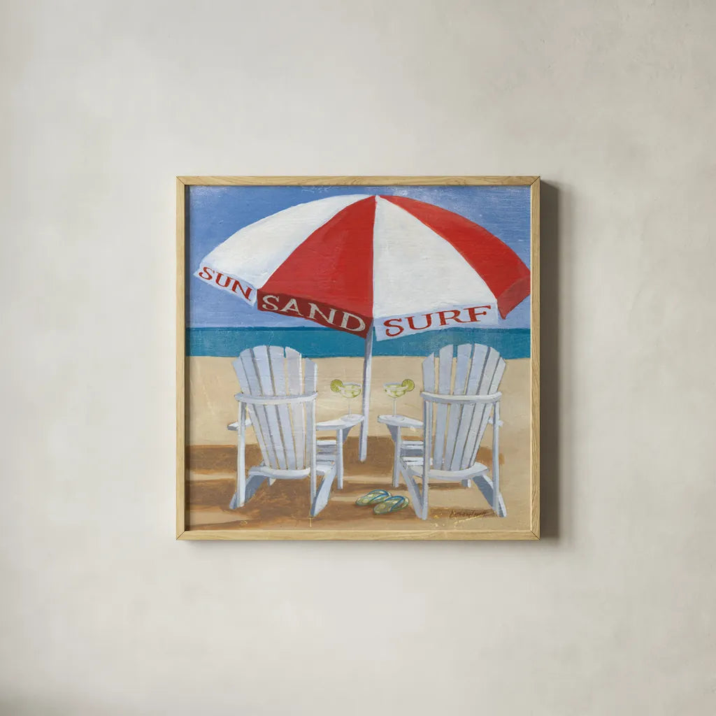 A Day at the Beach IV by Kathrine Lovell. Shown in a natural wood glass frame for a timeless modern aesthetic. Available as an archival giclee rolled canvas, fine art paper, or poster print. SKU 2966a.