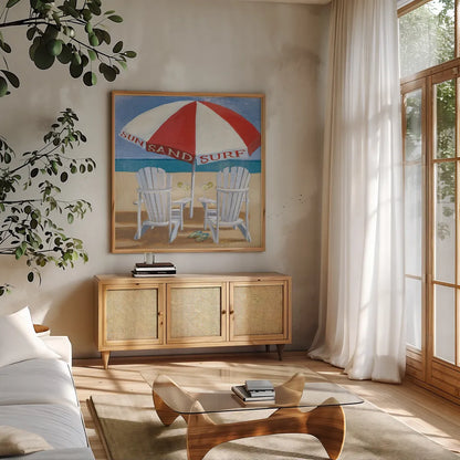 A Day at the Beach IV by Kathrine Lovell. Shown in a natural wood frame in a cozy modern living room. Available as an archival giclee rolled canvas, fine art paper, or poster print. SKU 2966a.